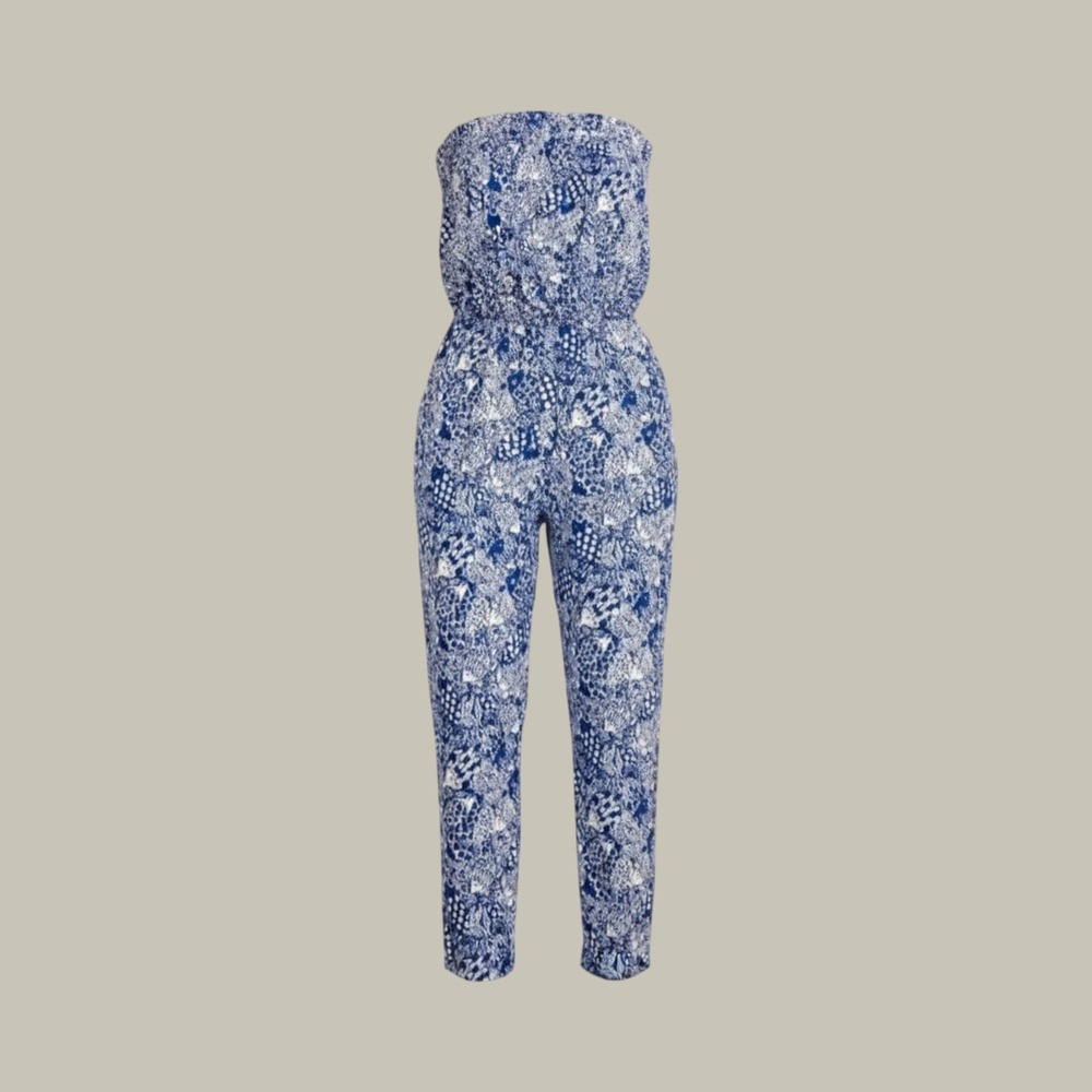 Lilly‎ Pulitzer Strapless Smocked Fish Print Jumpsuit Blue White XS